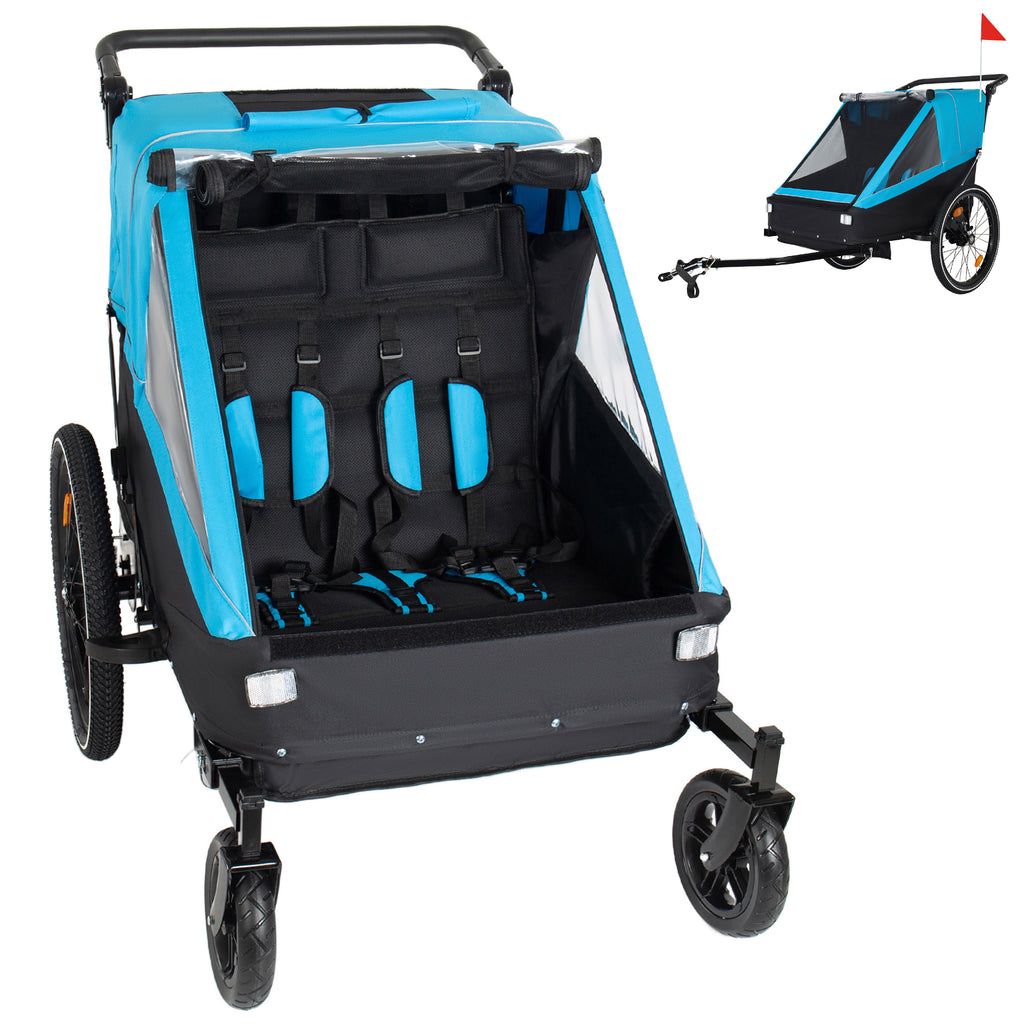 2 in 1 Kids Bike Trailer and Stroller for 1 to 2 Children, Jogging Function, Foldable Compact Storage with Universal Bike Hitch, 5-Point Harness and Storage Bags, Blue