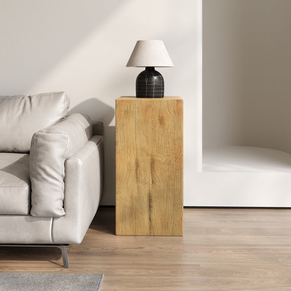 Wood-Look Square-Column MGO End Table,  H33.75',Wood-Like Distressed Finish, Mix with Different Heights, Indoor Outdoor Use,Natural Color
