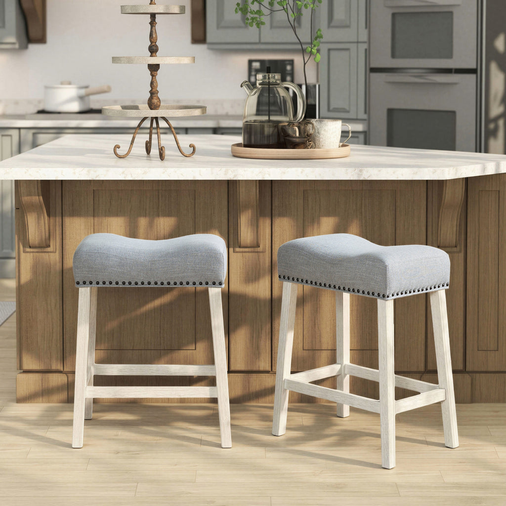 CoCo Upholstered Counter Height Stools - Saddle Seat, White-Washed Finish, Gray Fabric, Set of 2
