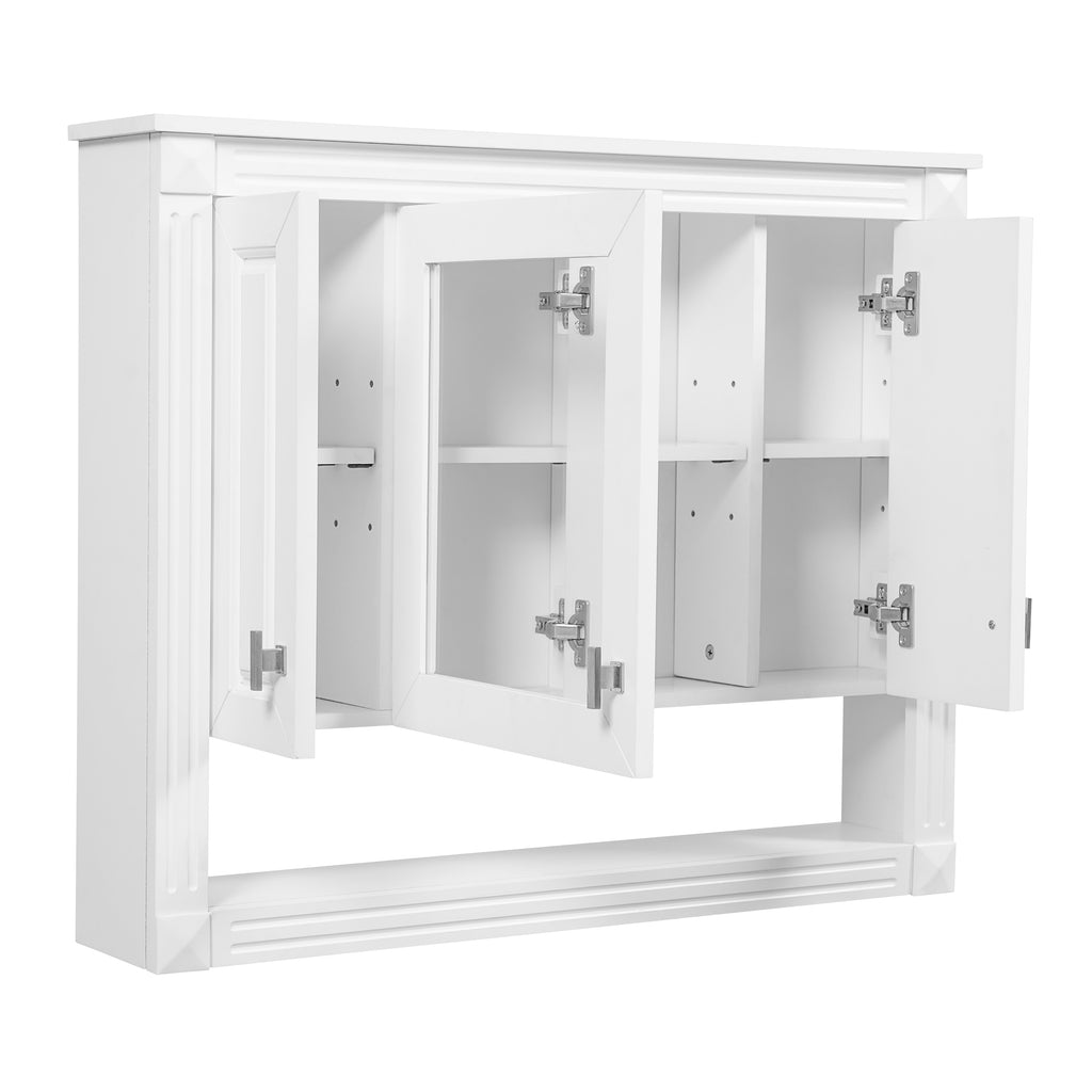 Modern White Wall-Mounted Bathroom Cabinet with Mirror and Open Shelf, MDF & Rubber Wood, 35 Inch