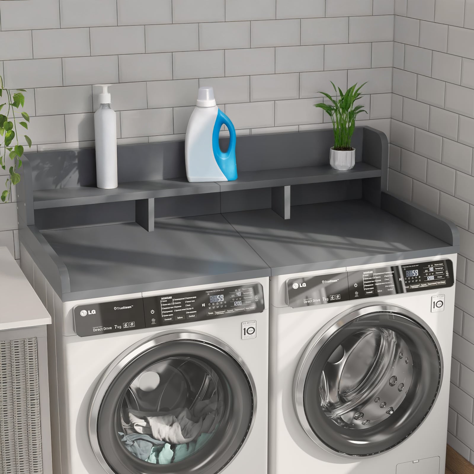 Washer Dryer Countertop with Non-slip Pads, Laundry Wood Shelf Topper with Edge, 54' Width x 27.5' Depth Double Layer Organizer for Washer and Dryer Laundry Hamper Counter Storage Organization (GRAY)