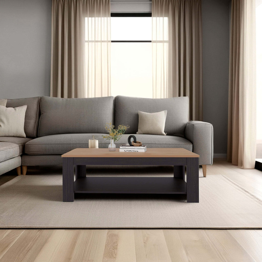 Wenge and Natural Oak Rectangular Coffee Table with Lower Shelf