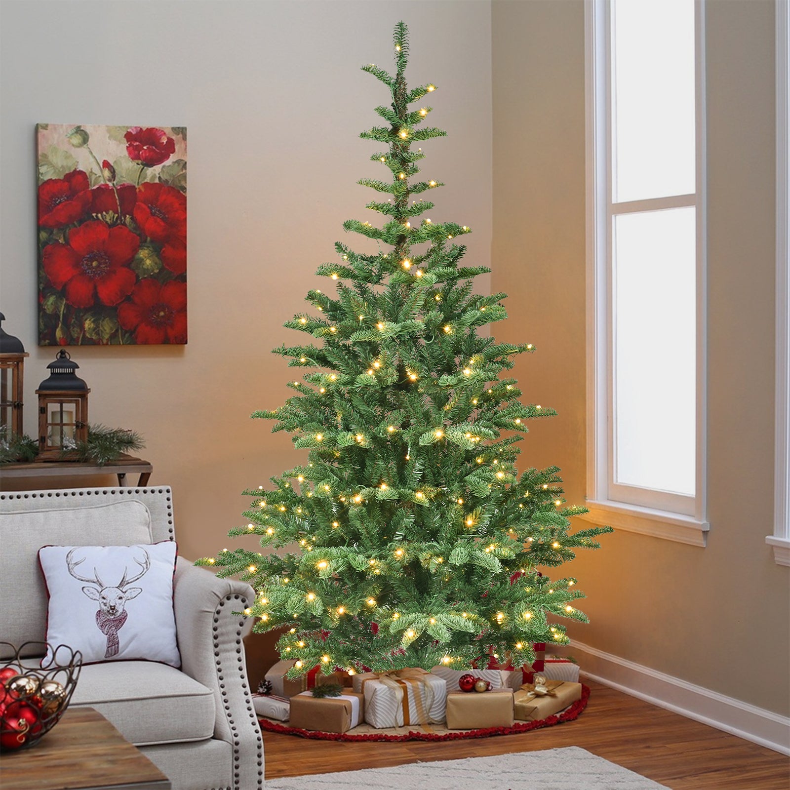 8ft Pre-Lit Christmas Tree with 500 Warm White LED Lights, 1307 PE+PVC Tips, Realistic Layered Look, Unique Wooden Base – Full Artificial Holiday Tree for Home Decor