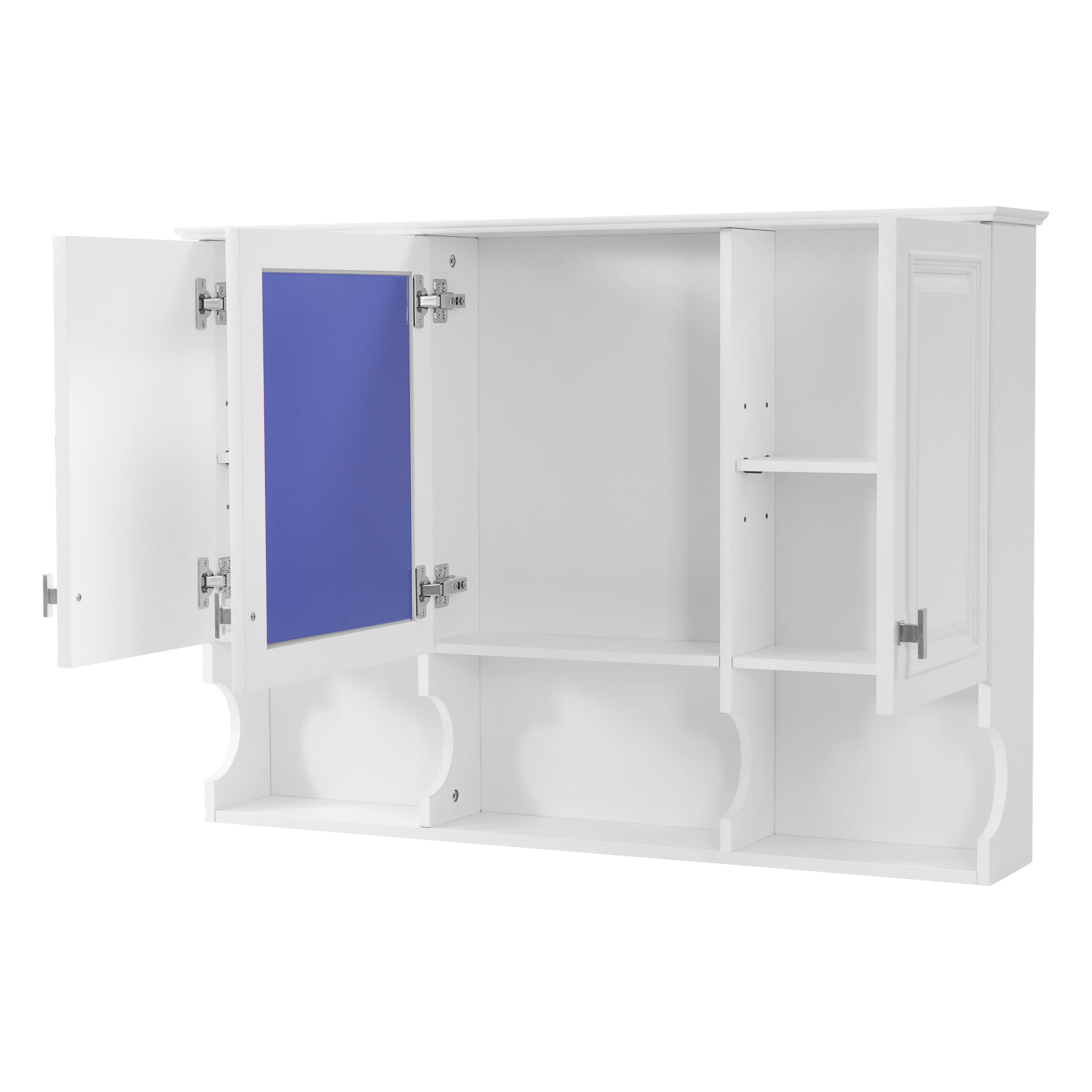 Modern White Wall-Mounted Mirror Medicine Cabinet with Open Shelves, 41 Inch Adjustable Storage Cabinet over Toilet, MDF Construction