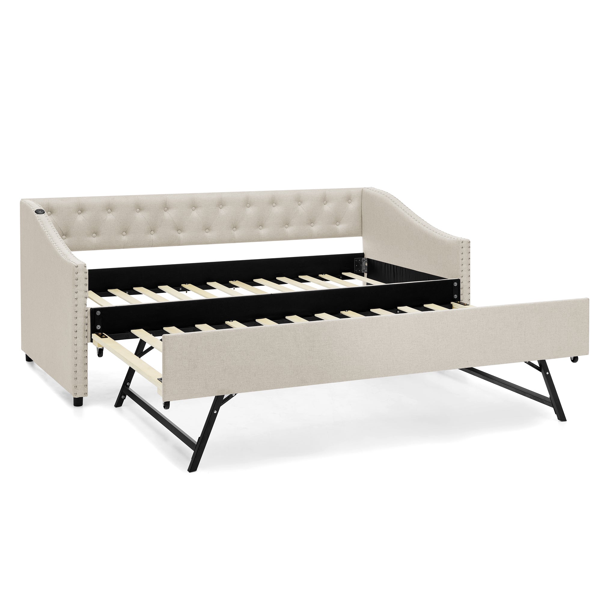 Beige Button-Tufted Upholstered Twin Daybed with USB Charging & Pull-out Extendable Bed, Copper Nail Waved Arms, Eucalyptus Wood Frame, 81''x42''x30.75''