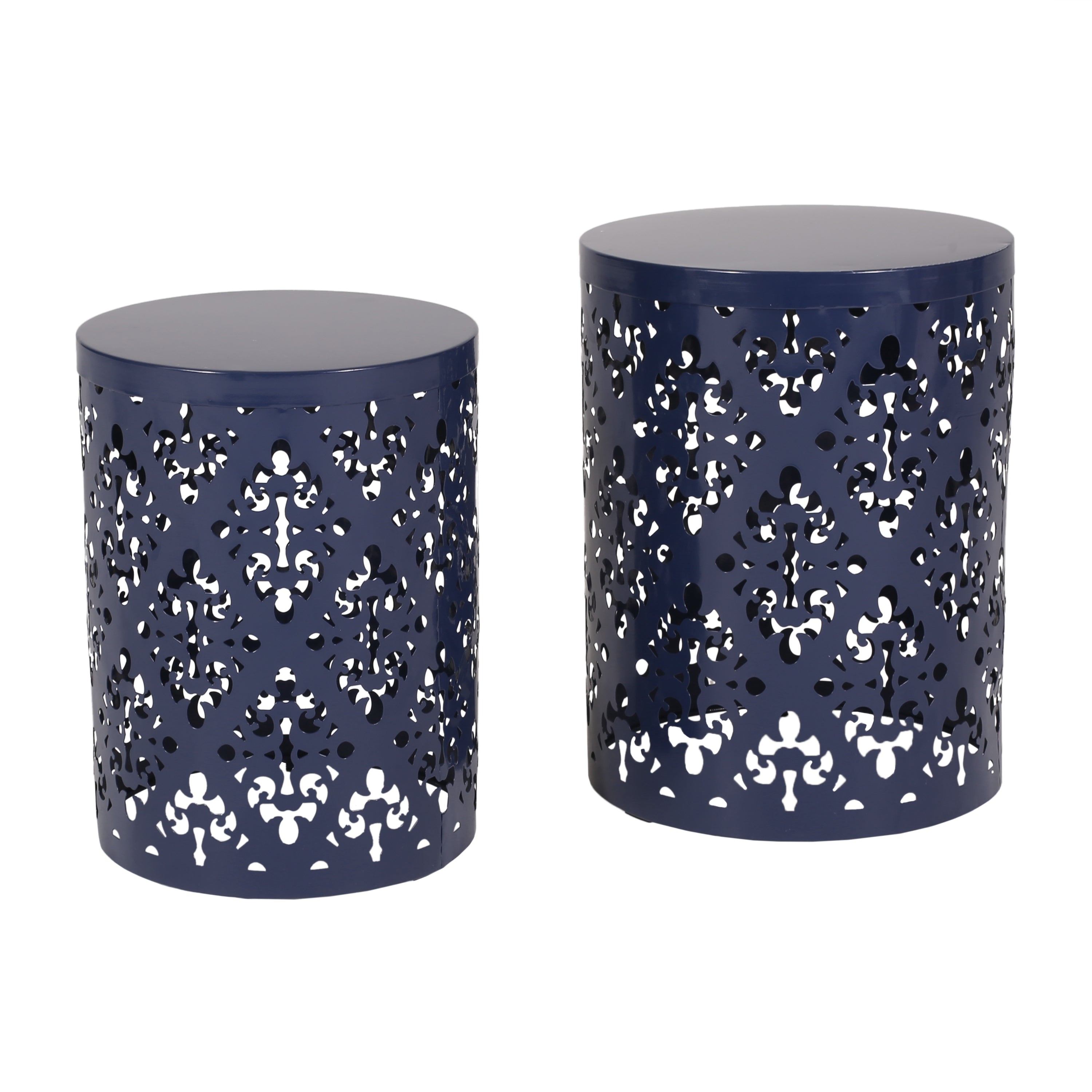 Modern Iron Cut Design End Table Set of 2 in Navy Blue with Powder-Coated Iron Frame