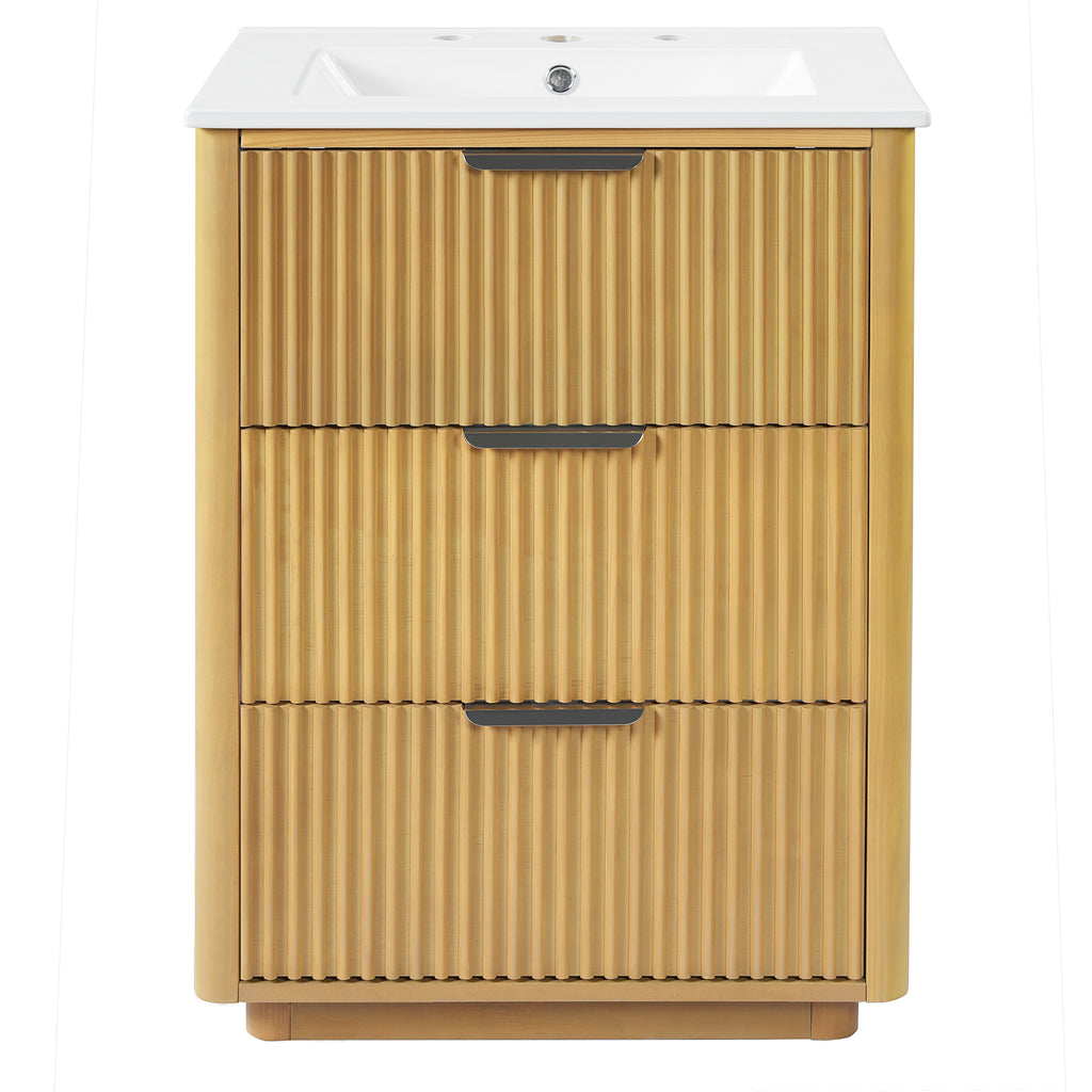 24 inch Modern Luxury Bathroom Vanity with Ceramic Sink, Natural Wood Finish, Solid Wood + MDF Cabinet, Open Shelf & Closed Storage