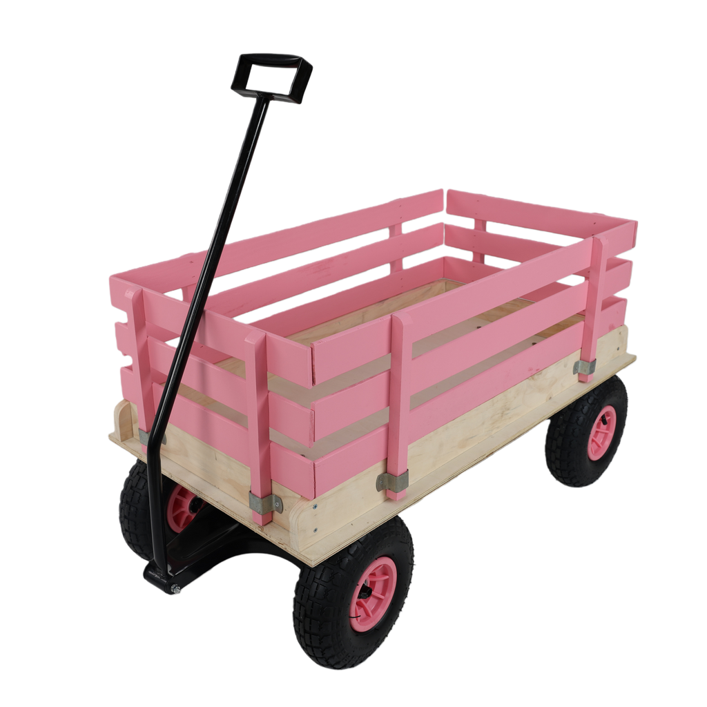 Pink Wooden Kids Pull Wagon with All Terrain Wheels, Heavy Duty Outdoor Garden Cart for Toddlers, Portable Toy Wagon for Beach, Camping & Backyard Play