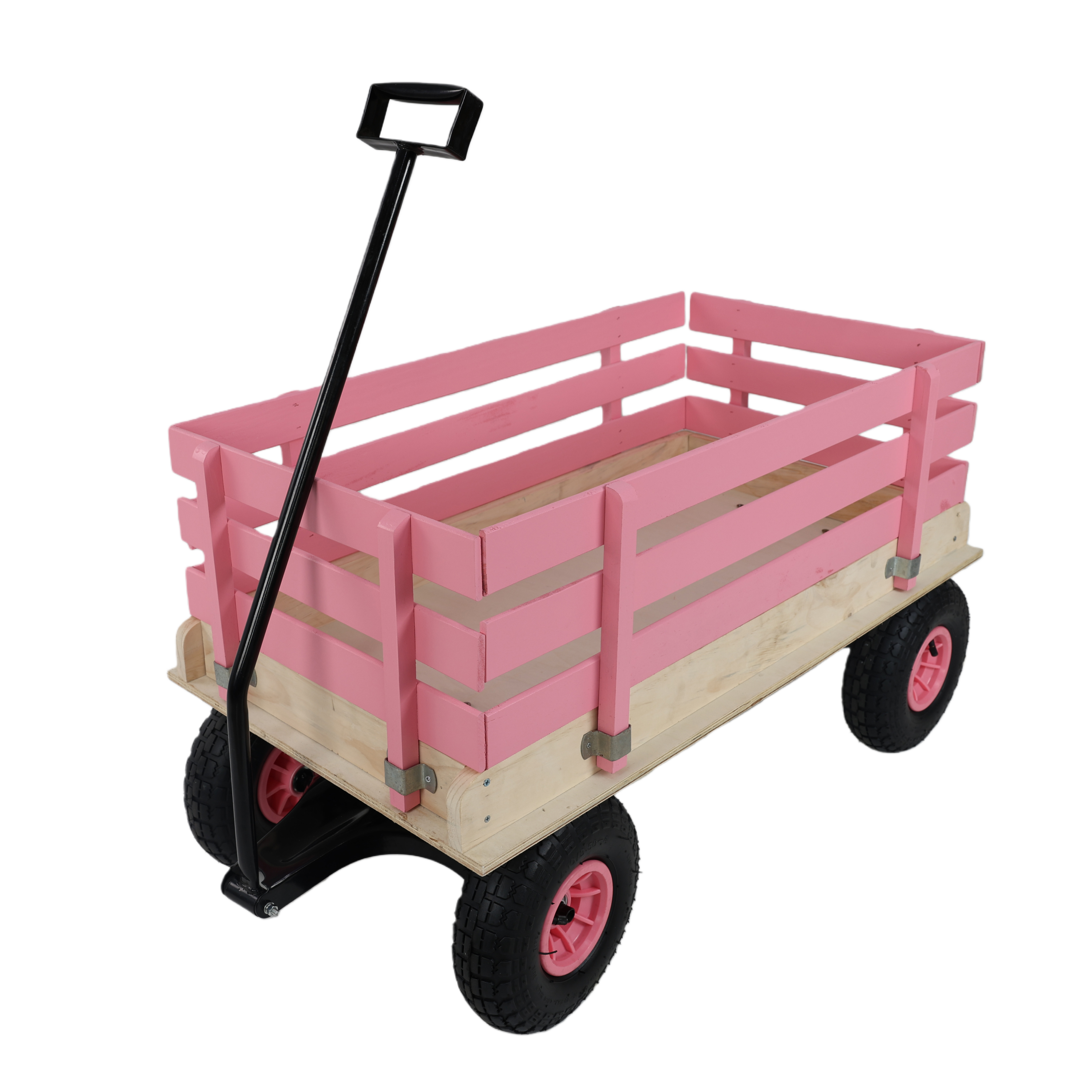 Pink Wooden Kids Pull Wagon with All Terrain Wheels, Heavy Duty Outdoor Garden Cart for Toddlers, Portable Toy Wagon for Beach, Camping & Backyard Play