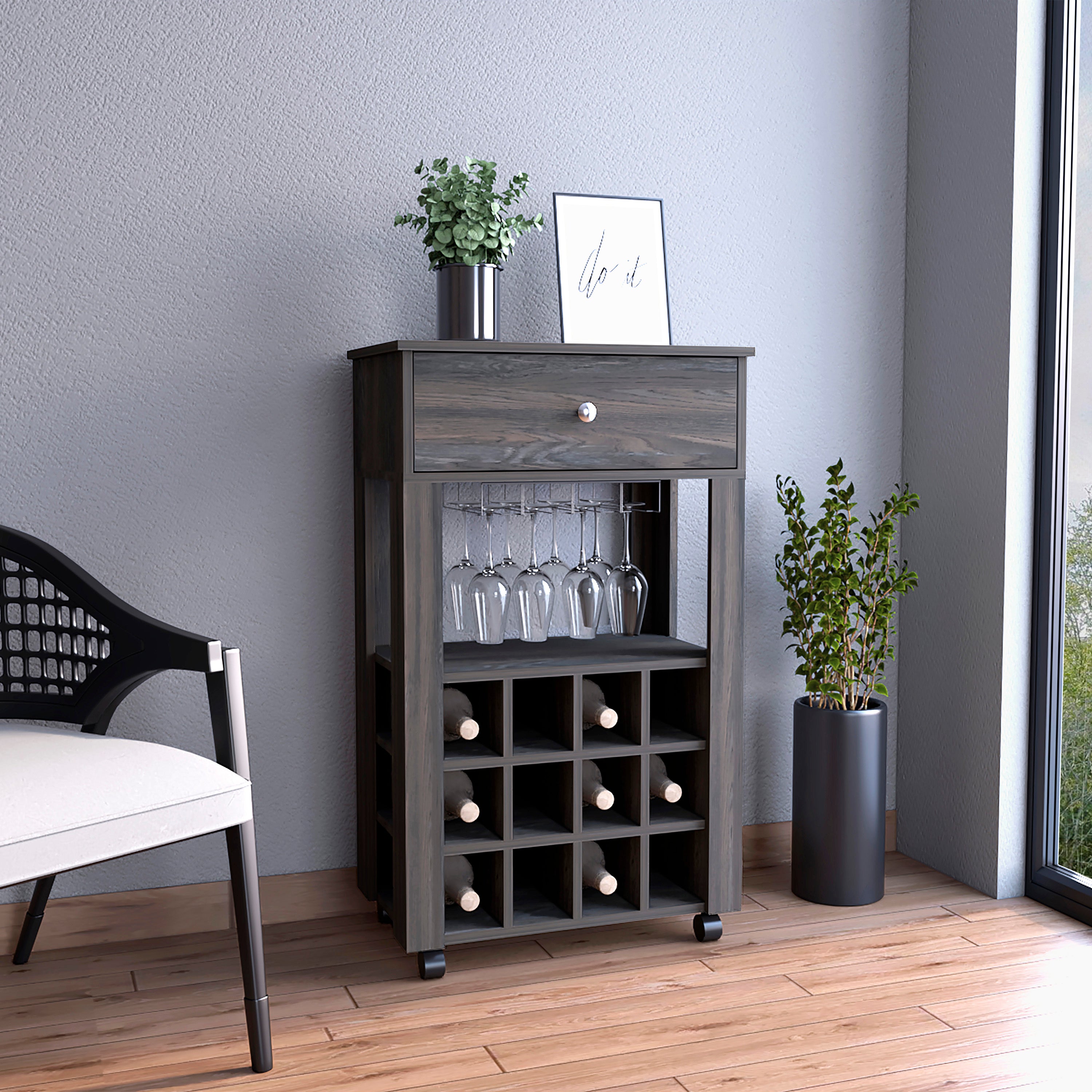 Memphis Bar Cart, Twelve Built-in Wine Rack, Four Legs, One Open Shelf -Espresso
