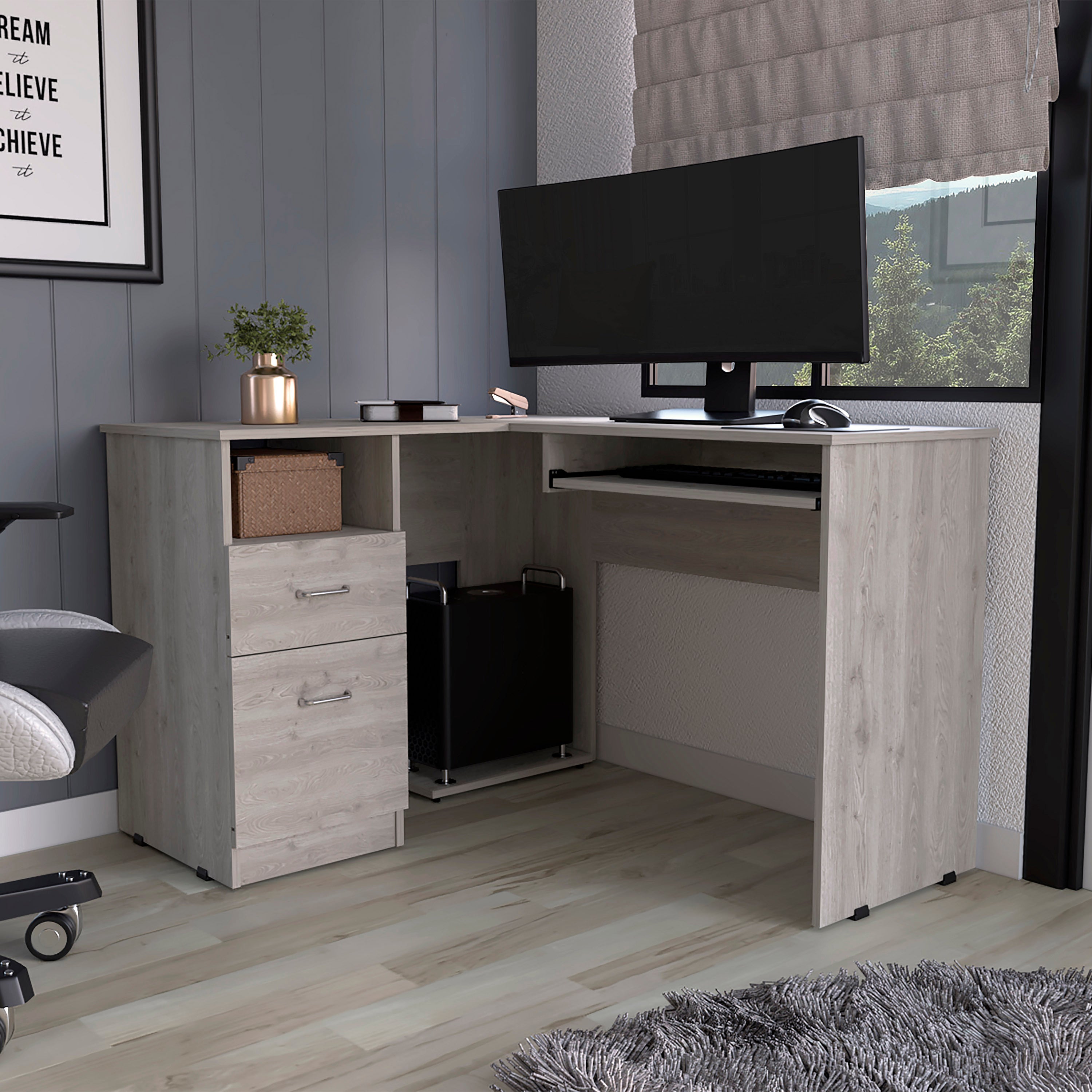 Light Grey 2-Drawer 1-Shelf L-Shaped Computer Desk