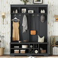 Modern Hallway Hall Tree with Metal Hooks and Storage Space, Multi-Functional Entryway Coat Rack with Shoe Cubbies, Black