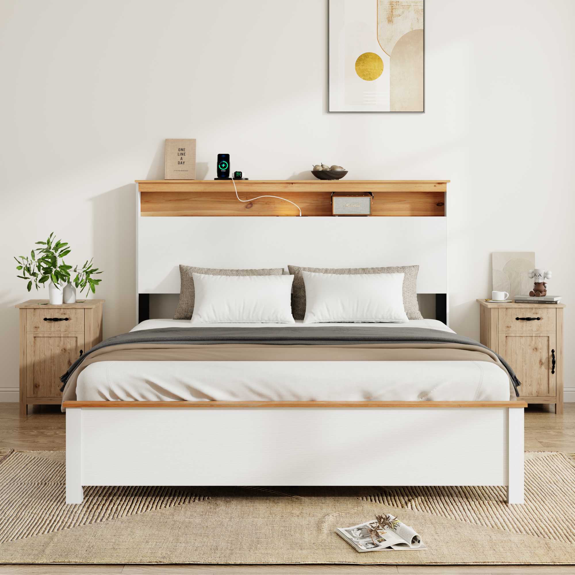 FULL WOODEN BED STAND WITH CHARGING STATION STORAGE HEADBOARD: This rustic farmhouse bed frame with storage headboard comes with a built-in charging station that is simple to install and easy to oper
