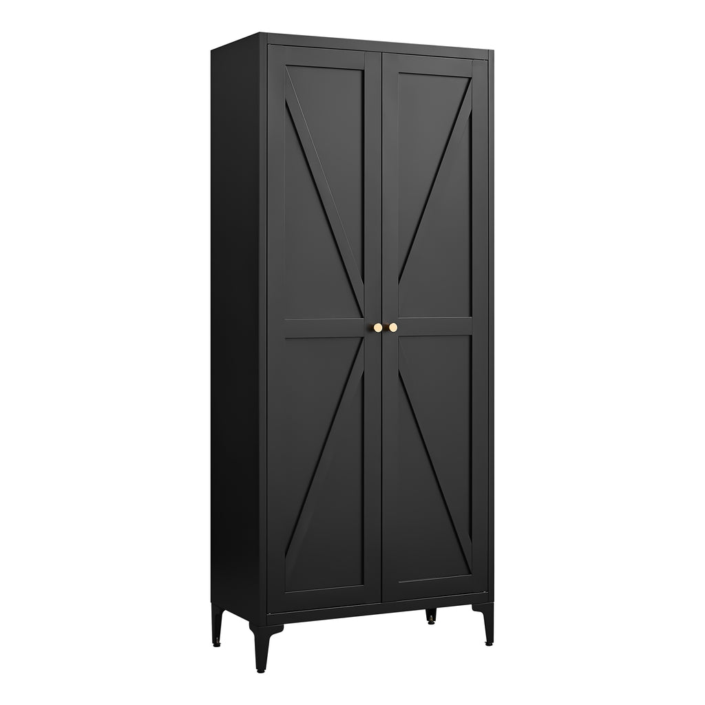 Black Metal Adjustable 2-Door Kitchen Pantry Cabinet with Striped Design and Gold Handles, Tall Steel Storage Locker for Kitchen, Living Room, Dining Room, or Office
