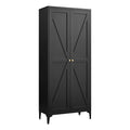 Black Metal Adjustable 2-Door Kitchen Pantry Cabinet with Striped Design and Gold Handles, Tall Steel Storage Locker for Kitchen, Living Room, Dining Room, or Office