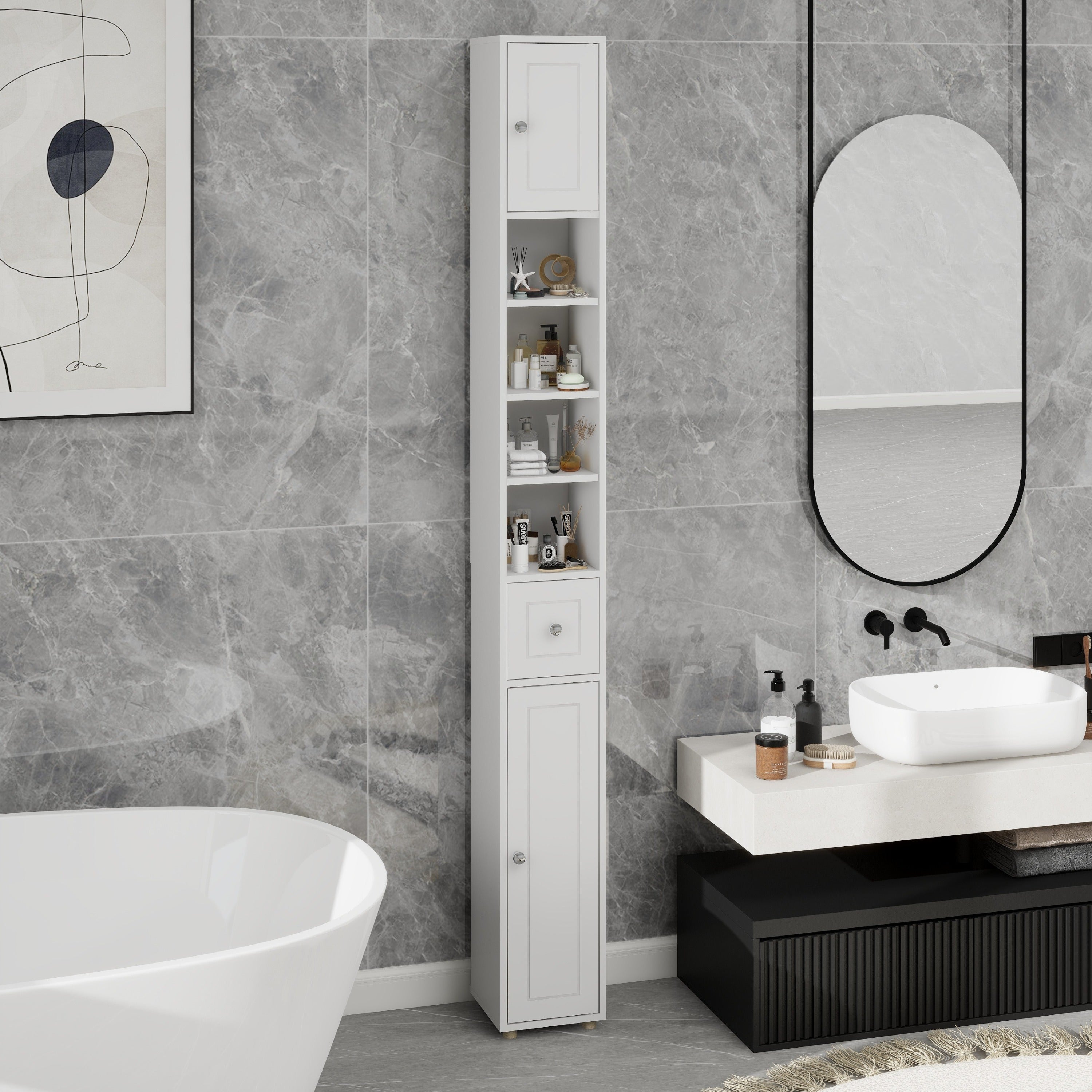 Tall Slim Bathroom Storage Cabinet, 71' Freestanding Bathroom Cabinet with 1 Drawer, 2 Doors and 4 Adjustable Shelves-White