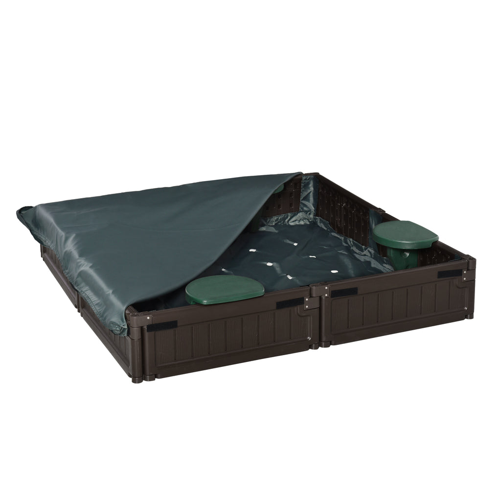 Kids Outdoor Sandbox with Cover Garden Bed, Easy Assembly Children's Play Station for Backyard, Brown, 48.5' x 48.5' x 8.25'