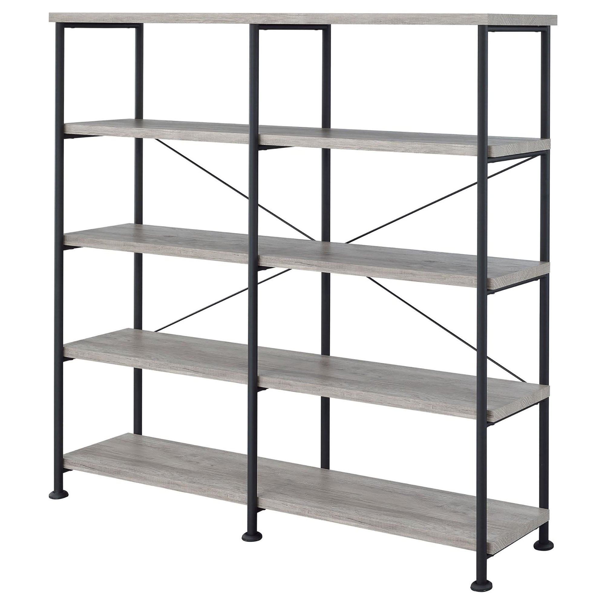 Grey Driftwood and Black Double-Wide Bookcase with Industrial Metal Frame, Wood Shelves, 63H x 60W x 14.25D