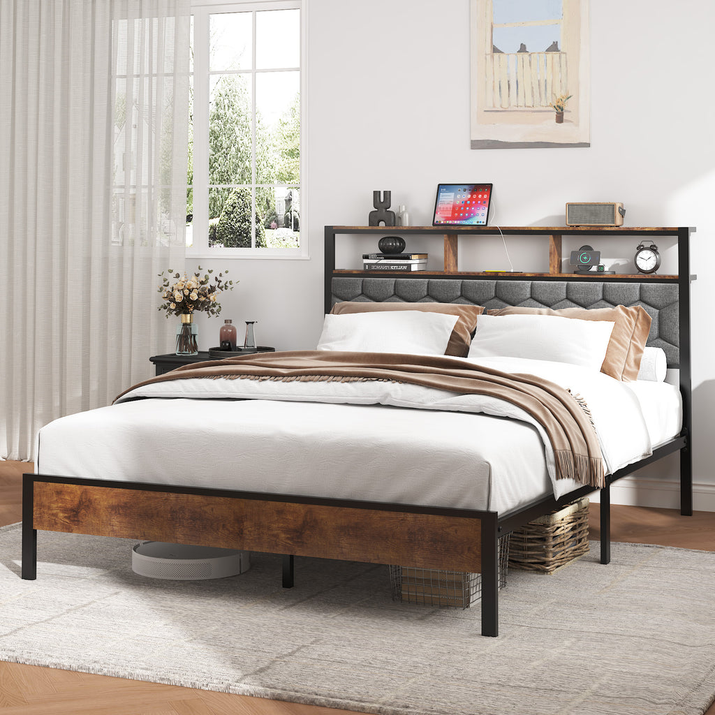 Queen Bed Frame Headboard, wooden platform bed frame, bedside with soft packaging and 2 USBs, no noise, no need for spring mattresses and simple assembly tools, large storage space under the bed, brow