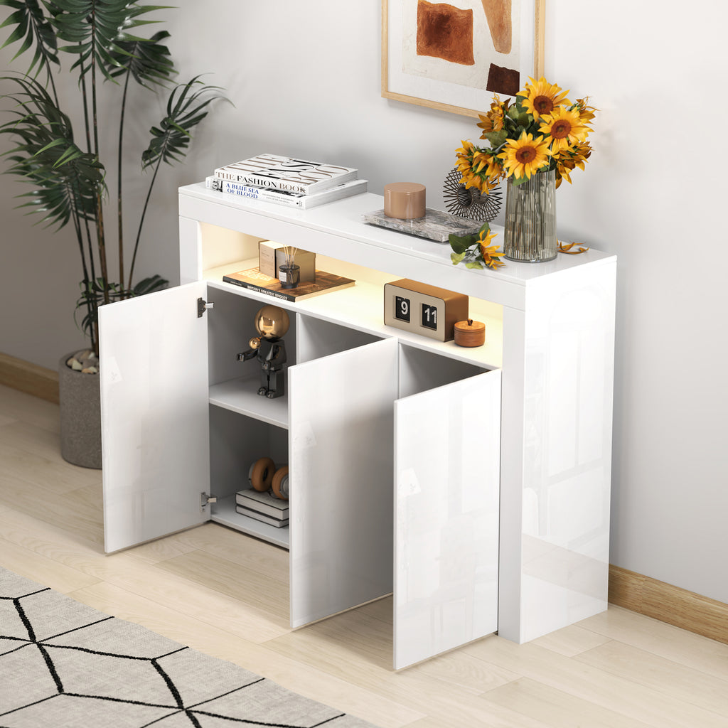 Living Room Sideboard Storage Cabinet WHITE  High Gloss with LED Light, Modern Kitchen Unit Cupboard Buffet Wooden Storage Display Cabinet TV Stand with 3 Doors for Hallway Dining Room