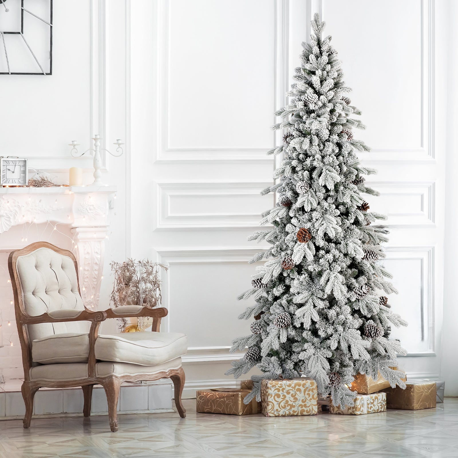 8 FT Flocked PE/PVC Christmas Tree with 44 Natural Pine Cones – 1634Tips, Space-Saving Design, Hinged Branches, Stable Metal Stand, Realistic Snowy Look