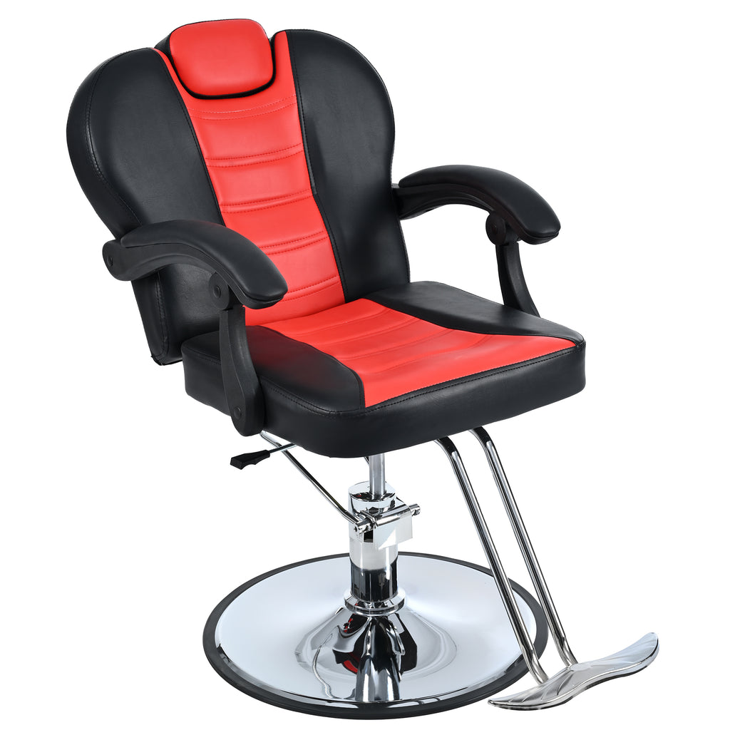Classic Reclining Barber Chair Salon Chair with Heavy Duty Hydraulic Pump and 360° Rotation, Red & Black, Metal