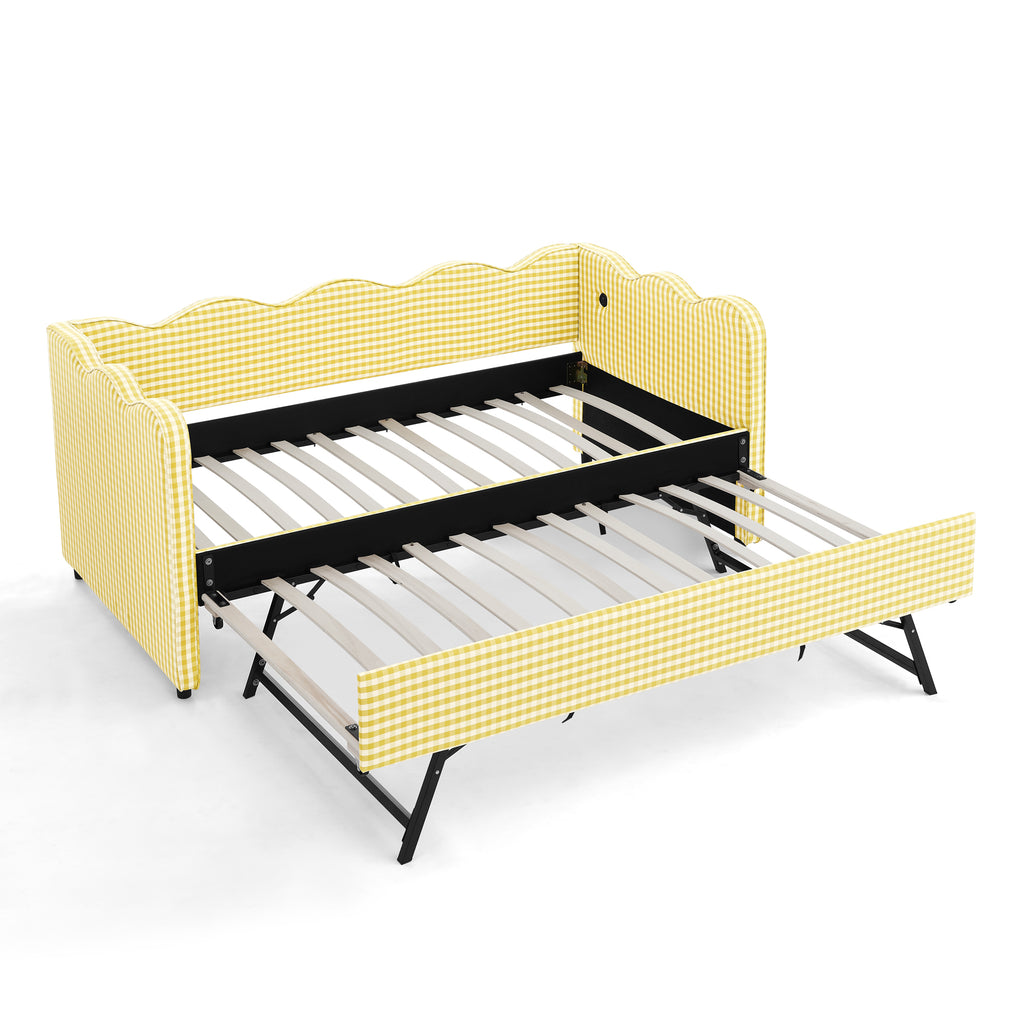 Cozy Gingham Daybed with Trundle Twin Size Sofa Bed in Yellow Linen Fabric, No Box Spring Needed, Features USB Port and Wave-Shaped Design