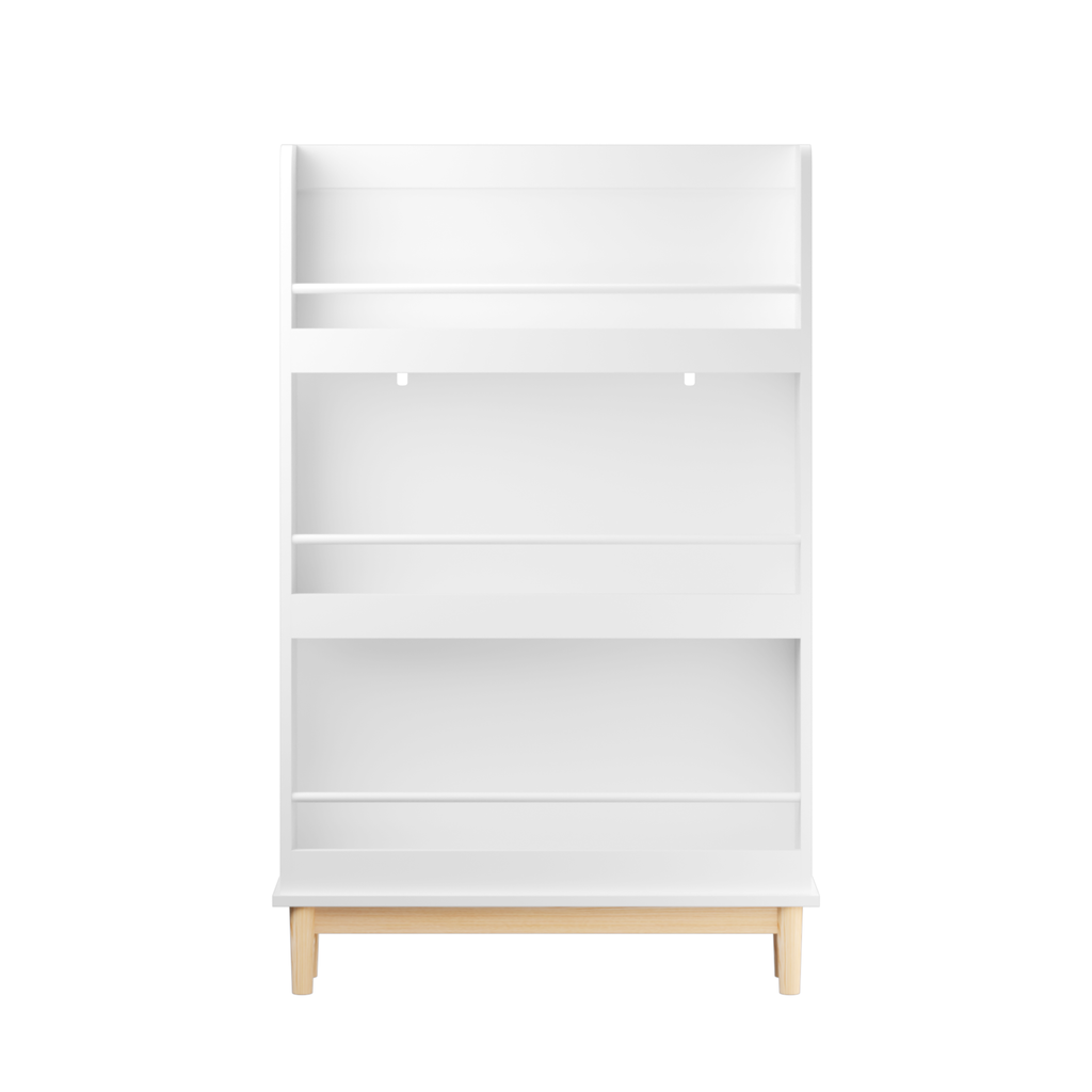 Modern White Wall-Mounted Kids Bookshelf with Natural Wood Base, 3 Front-Facing Display Shelves for Toddler Bedroom, Nursery or Playroom