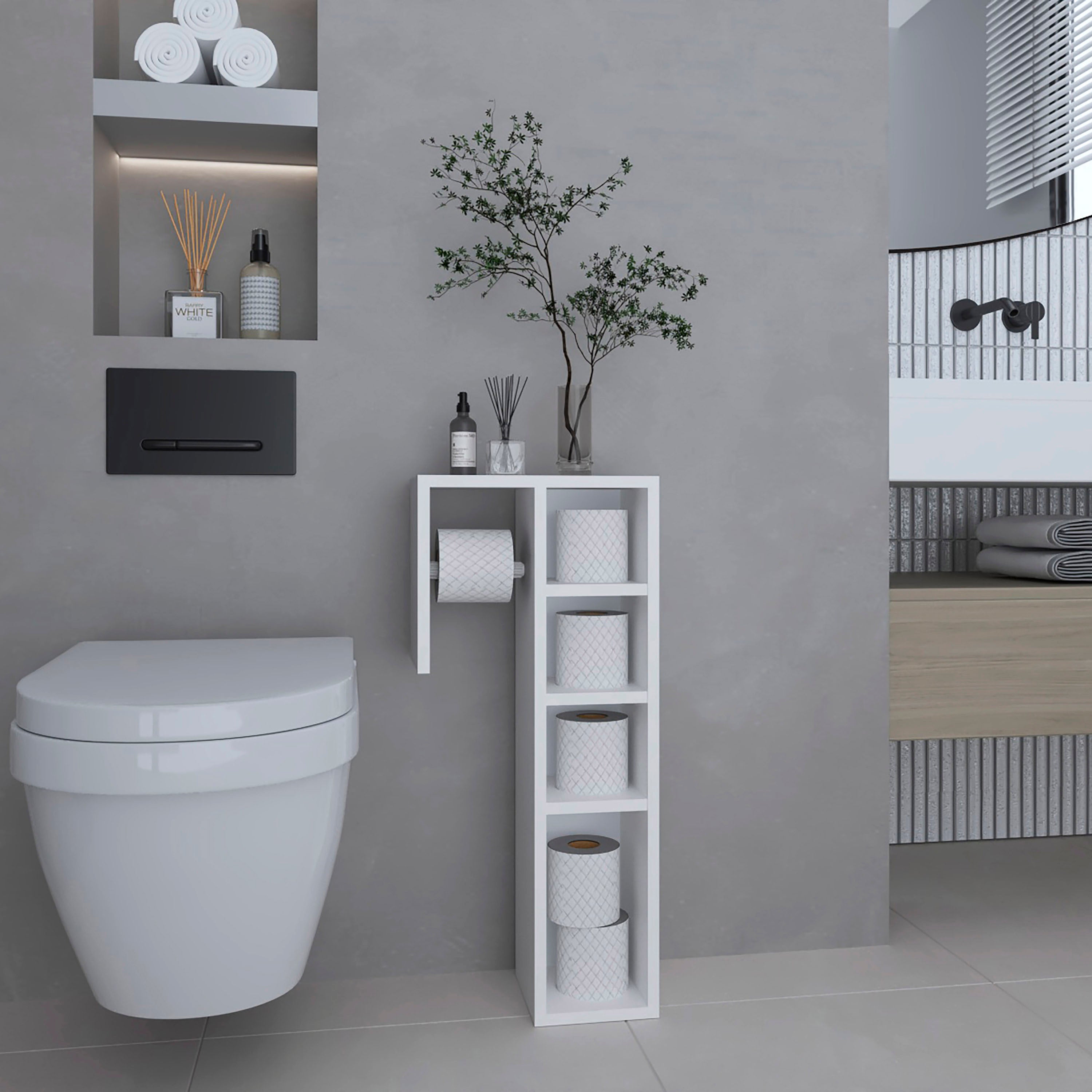 Lodi Freestanding Toilet Paper Cabinet With Slim Vertical Design And Storage Compartment, White