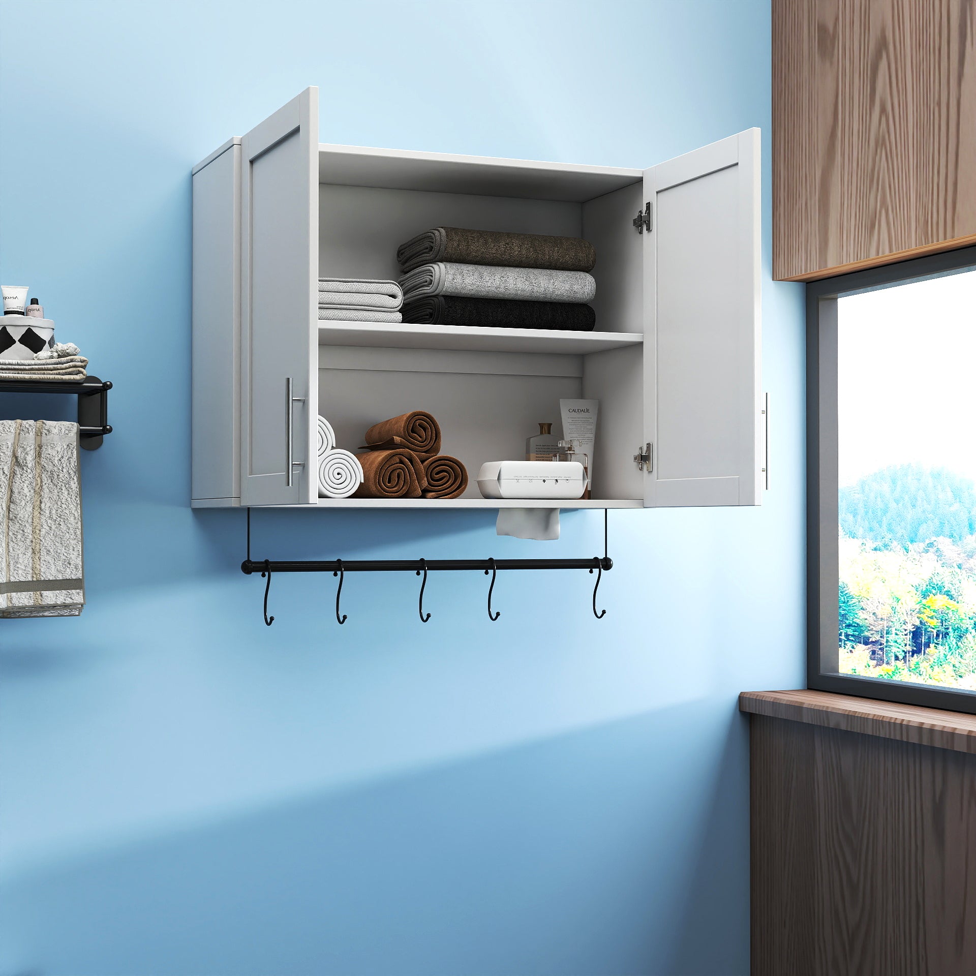 Bathroom Wall Cabinet with Adjustable Shelf, Towel Bar, 5 Hooks, Over The Toilet Storage Cabinet for Bathroom, Kitchen, White
