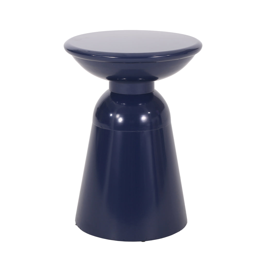 Modern Outdoor Metal End Table with Pedestal Structure in Navy Blue Iron - Large 15x15x20.75 Inches