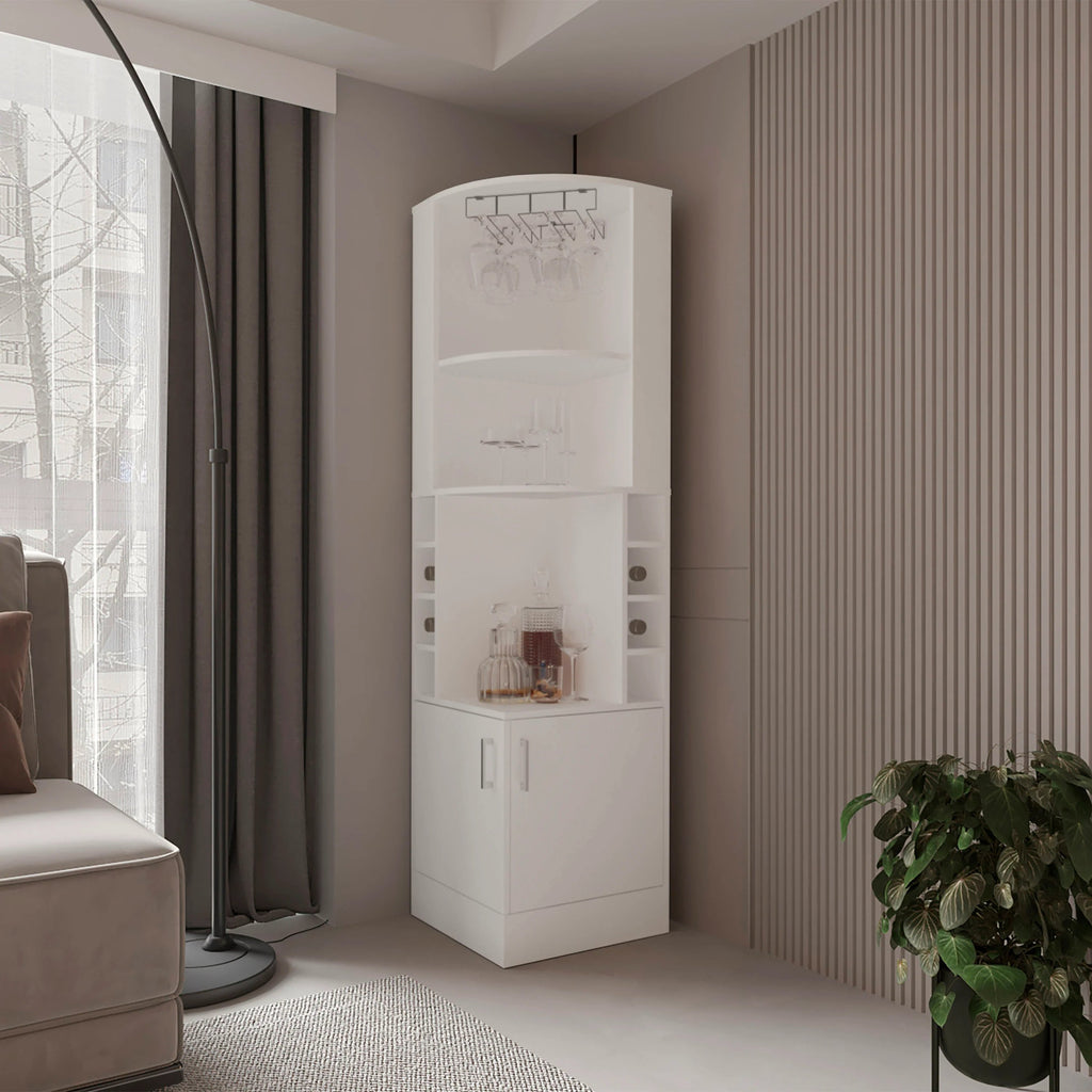 White Corner Bar Cabinet with Wine Storage and Glass Rack