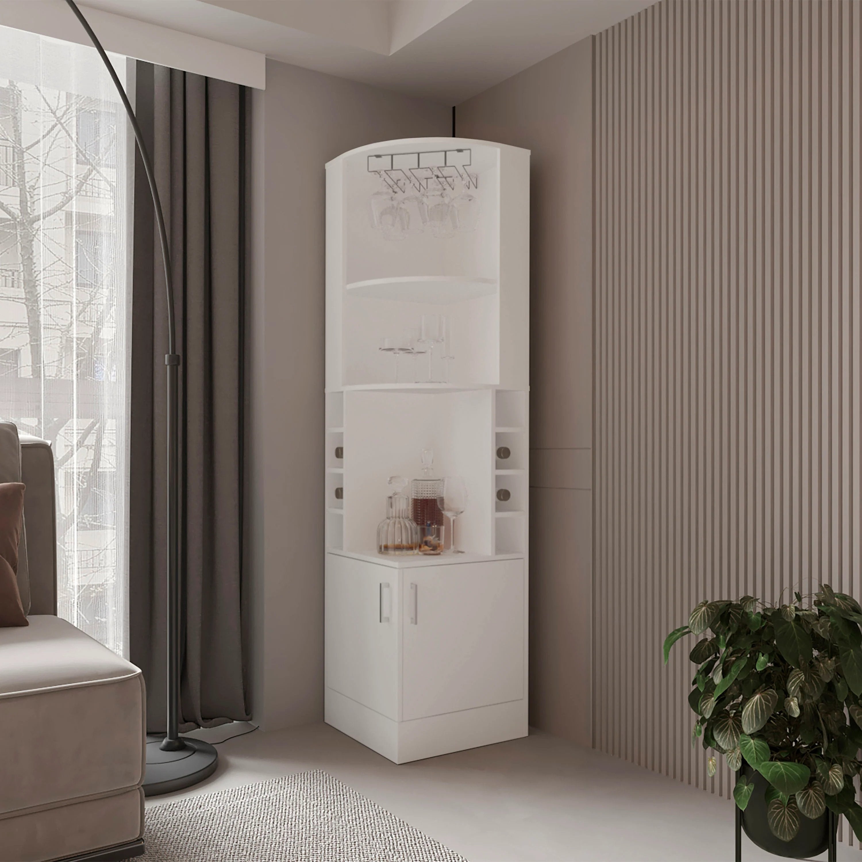 White Corner Bar Cabinet with Wine Storage and Glass Rack
