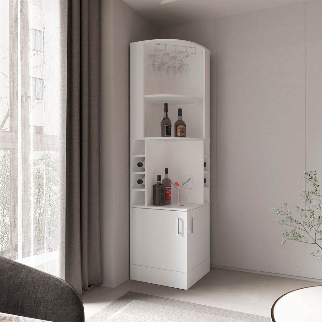 Kava Being Corner Bar Cabinet, Glass Rack, Double Door Cabinet, Eight Built-In Wine Rack, White