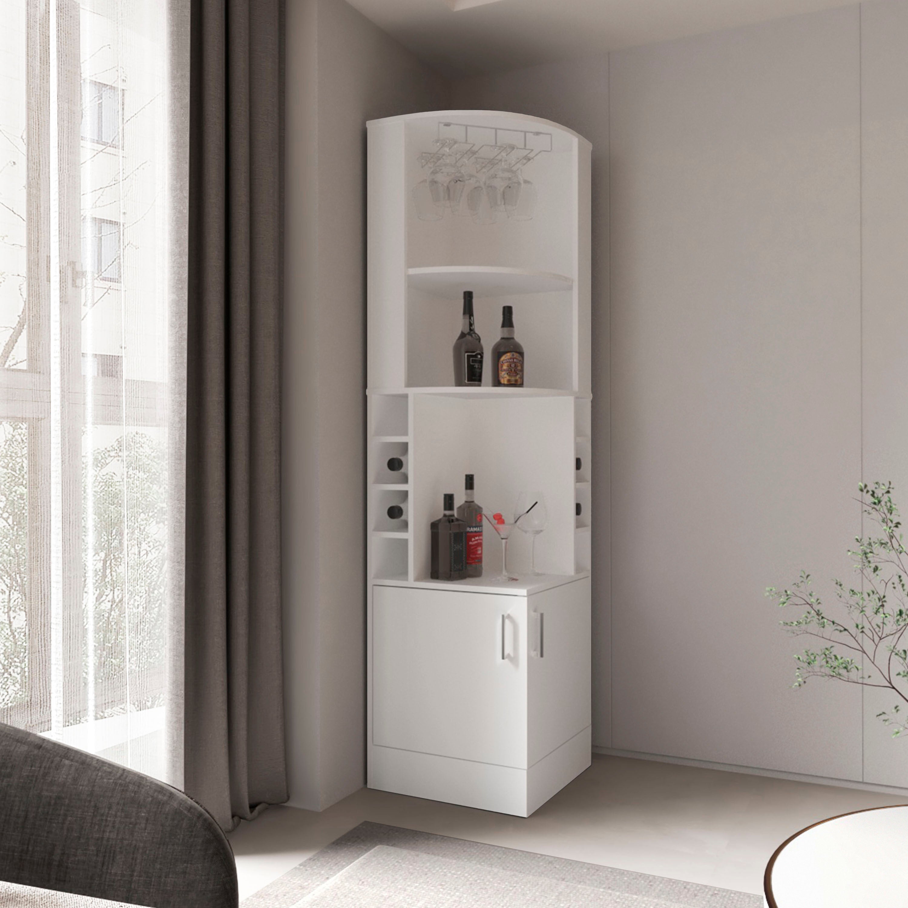 Kava Being Corner Bar Cabinet, Glass Rack, Double Door Cabinet, Eight Built-In Wine Rack, White