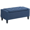 HOMCOM Storage Ottoman, Linen Upholstered Storage Bench with Lift Top and Button Tufted for Living Room, Dark Blue