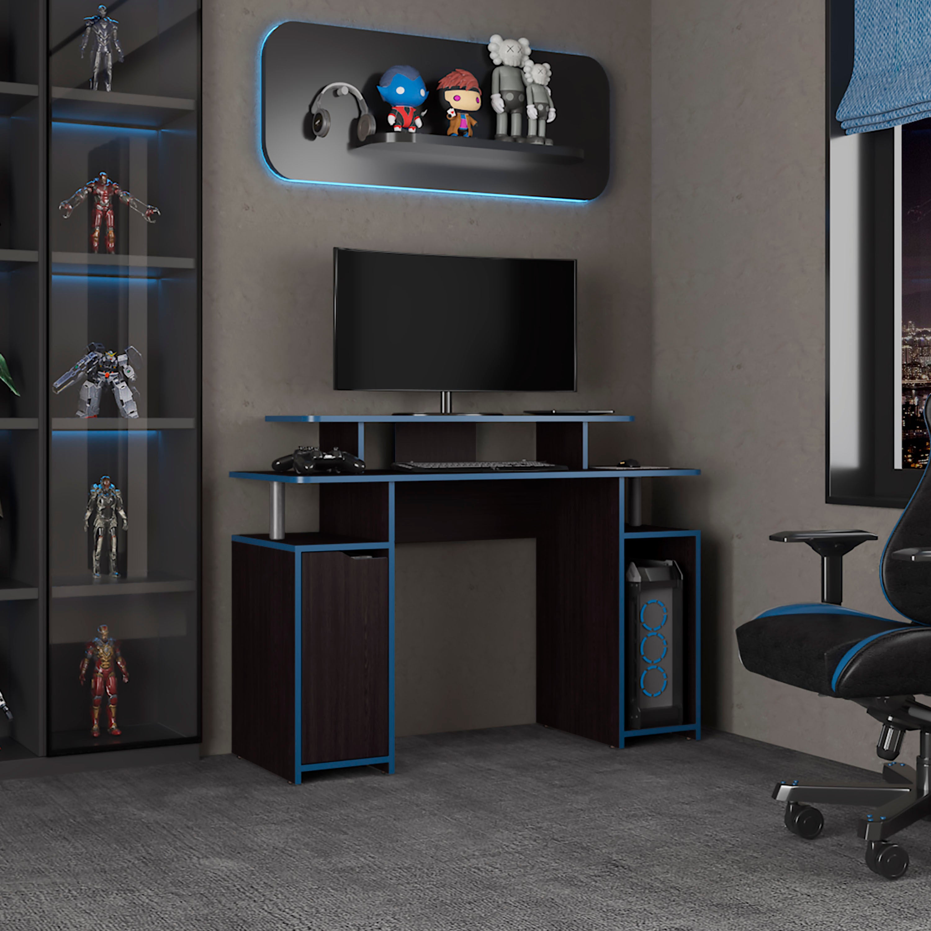 Keria 47' Wide 2-Tier Gamer Desk With Three Shelves And PC Tower Stand, Black
