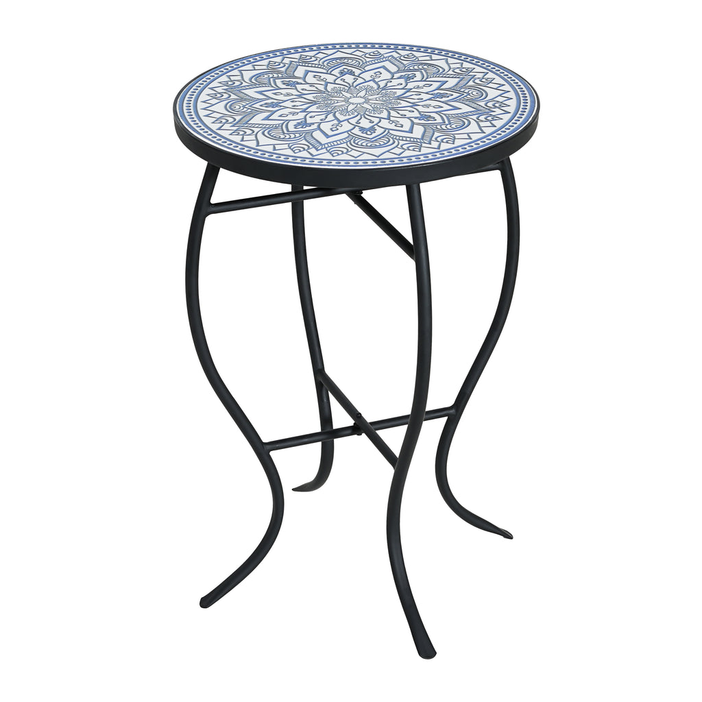 Outdoor Round Side Table with Mosaic-Style Top and Curved Iron Legs in Blue and Matte Black, Ceramic Tile and Iron Construction