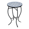 Outdoor Round Side Table with Mosaic-Style Top and Curved Iron Legs in Blue and Matte Black, Ceramic Tile and Iron Construction