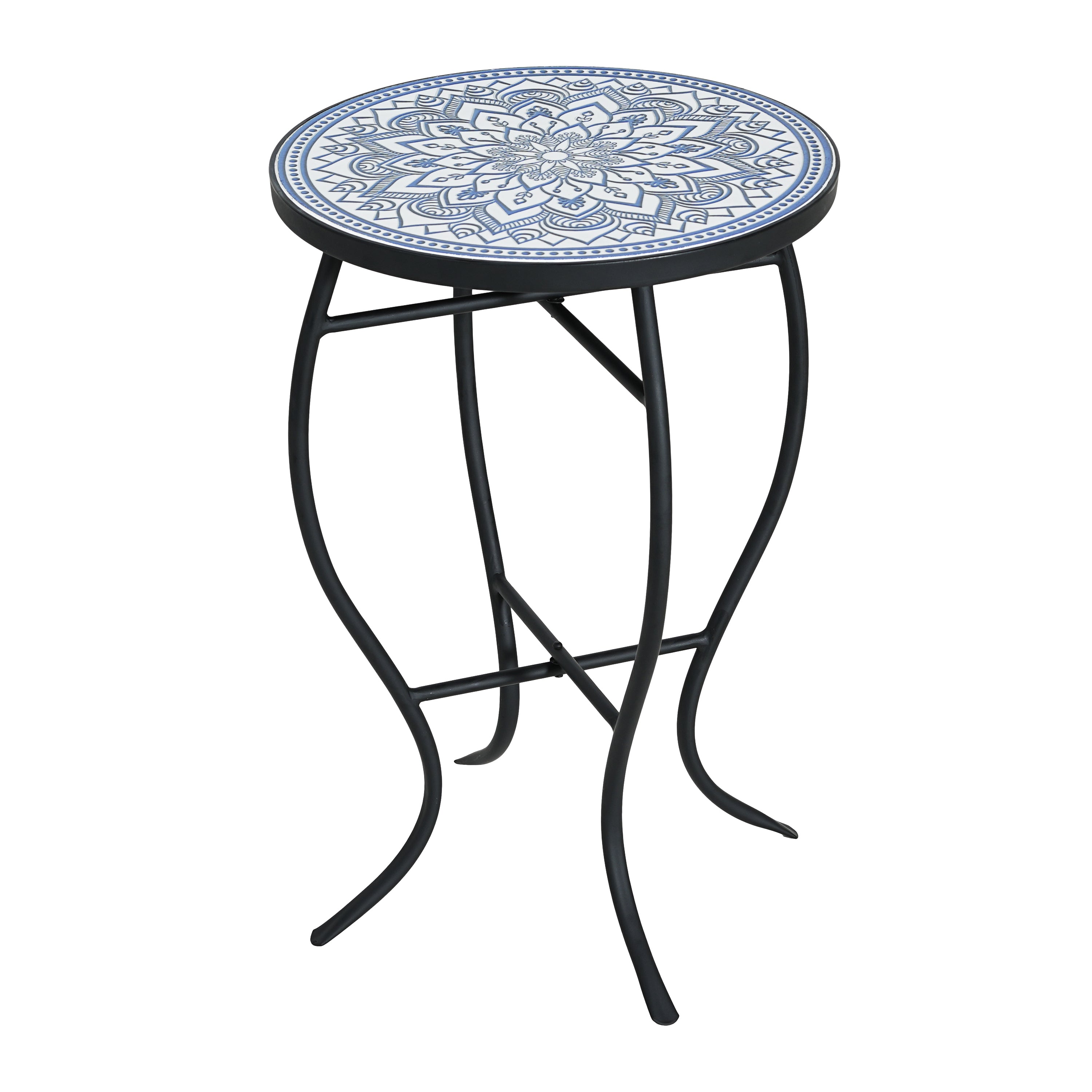 Outdoor Round Side Table with Mosaic-Style Top and Curved Iron Legs in Blue and Matte Black, Ceramic Tile and Iron Construction