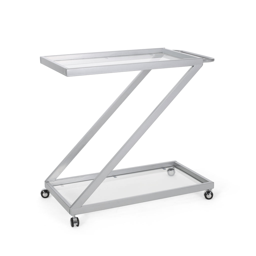 Modern Z-Shaped Bar Cart with Tempered Glass Shelves in Silver Glass+Metal