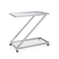 Modern Z-Shaped Bar Cart with Tempered Glass Shelves in Silver Glass+Metal