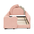 Twin Size Cute Dinosaur-Shaped Kids Bed with Safety Guardrail, Solid Wood Frame in Pink Boucle Fabric, 80L x 43W x 37.5H