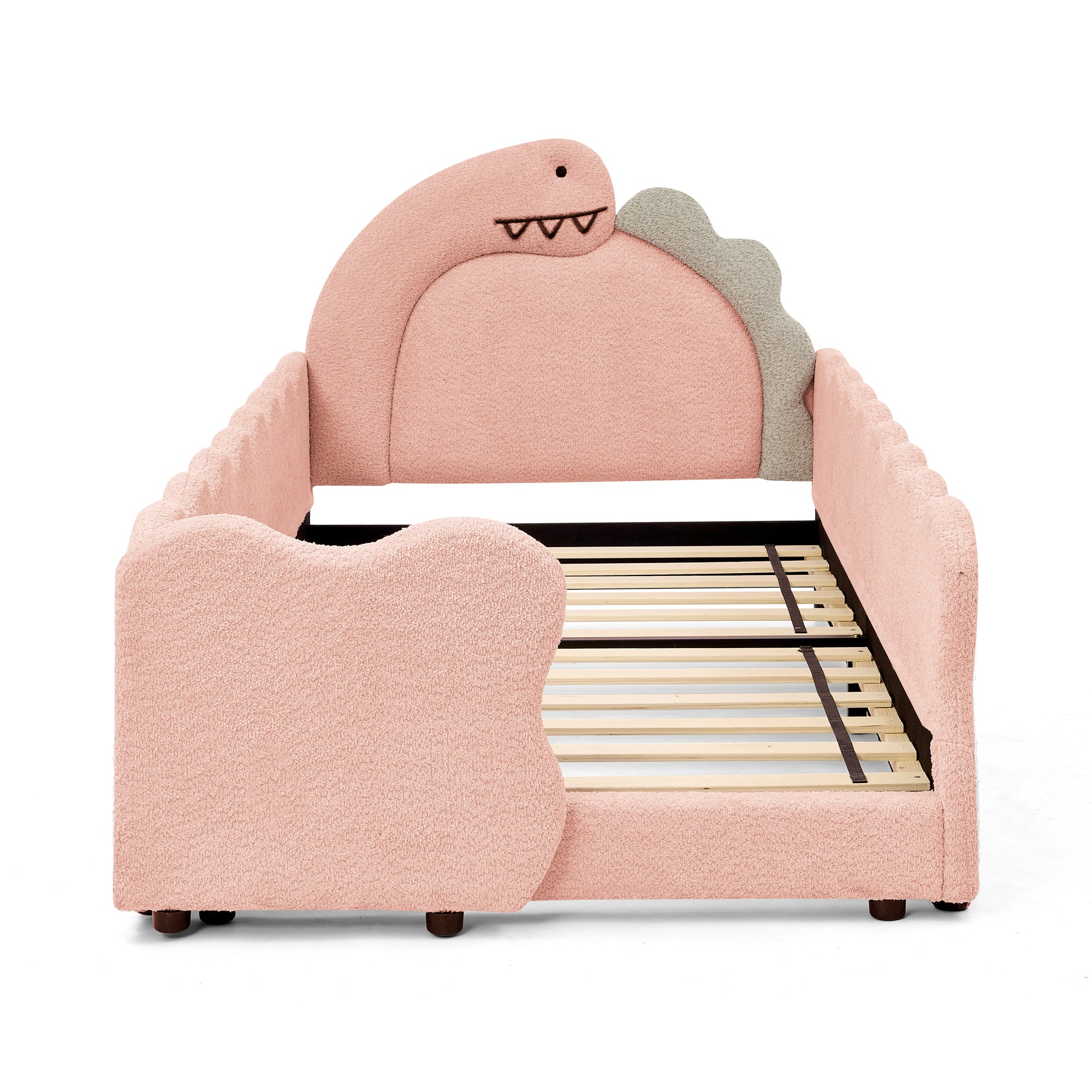 Twin Size Cute Dinosaur-Shaped Kids Bed with Safety Guardrail, Solid Wood Frame in Pink Boucle Fabric, 80L x 43W x 37.5H