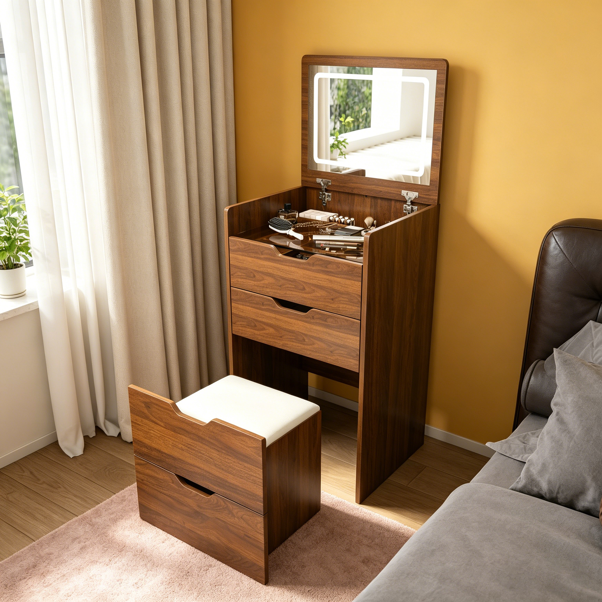 3-in-1 Vanity Desk with Lighted Mirror & Stool, Flip Top Makeup Dressing Table, Compact Storage for Bedroom, Bathroom, Dressing Room (18.9'L, Walnut)