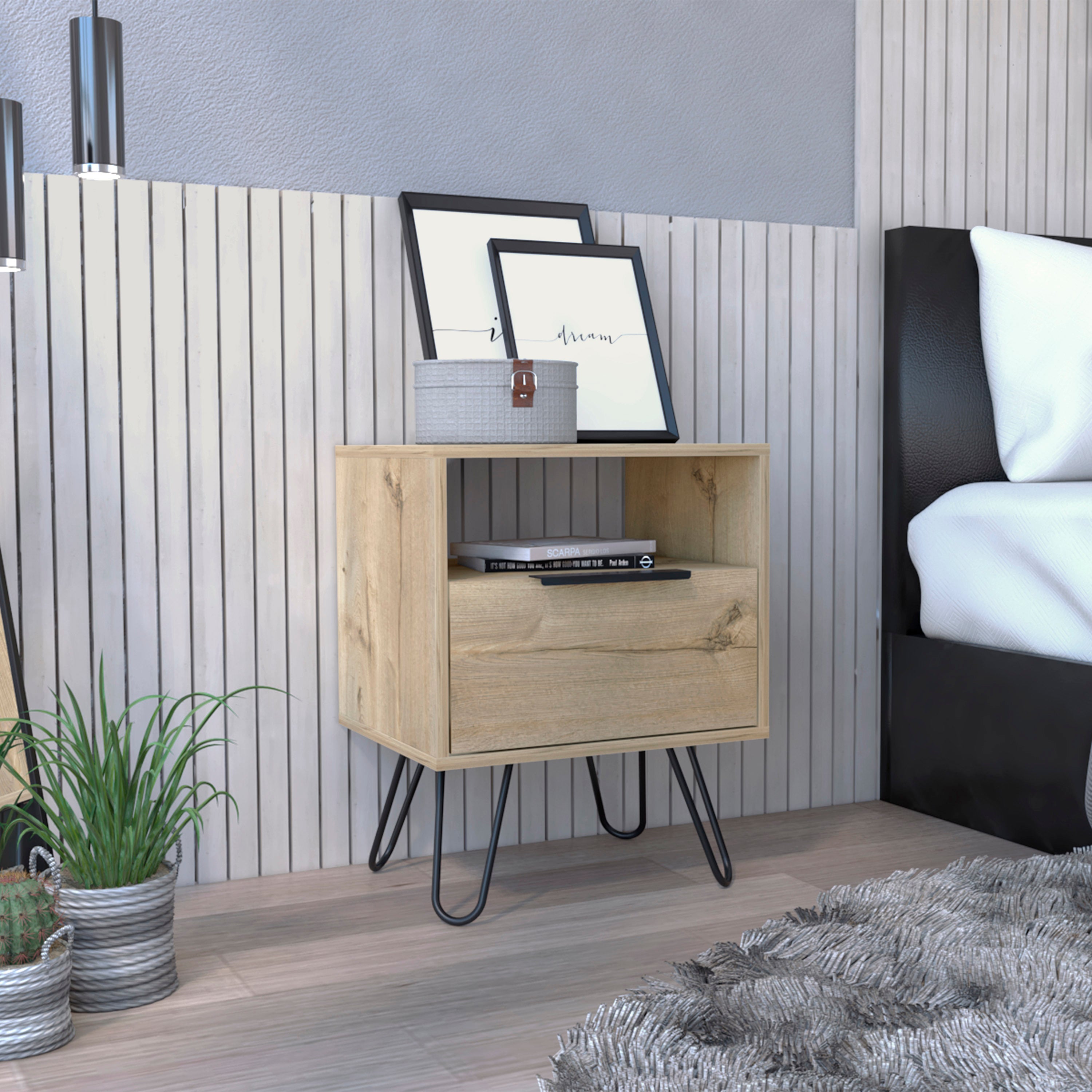 Augusta Nightstand , End Table, Side Table Single Door Cabinet, Hairpin Legs -Light Oak