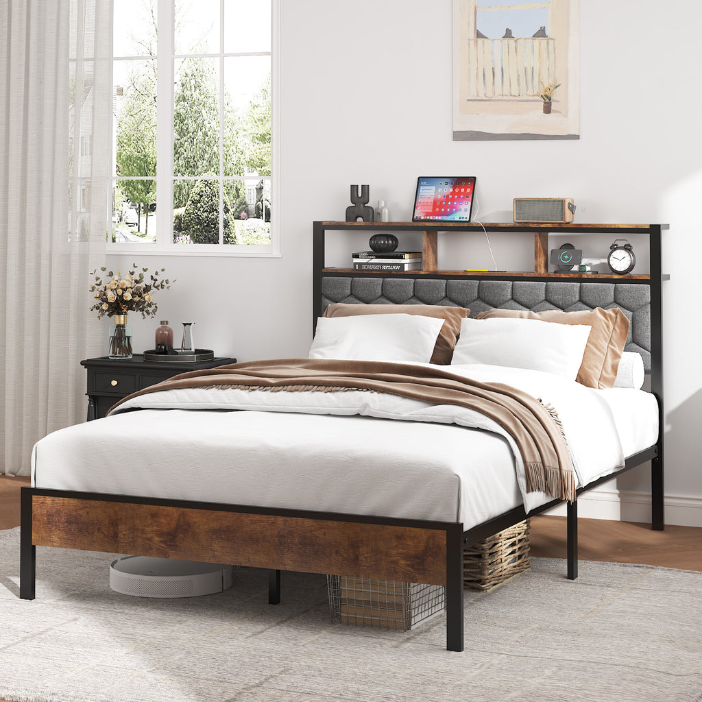 Full size bed frame, wooden platform bed frame, bedside with soft package and 2 USBs, no noise, no need for spring mattress and simple assembly tools, large bed bottom storage space, brown