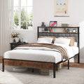 Full size bed frame, wooden platform bed frame, bedside with soft package and 2 USBs, no noise, no need for spring mattress and simple assembly tools, large bed bottom storage space, brown