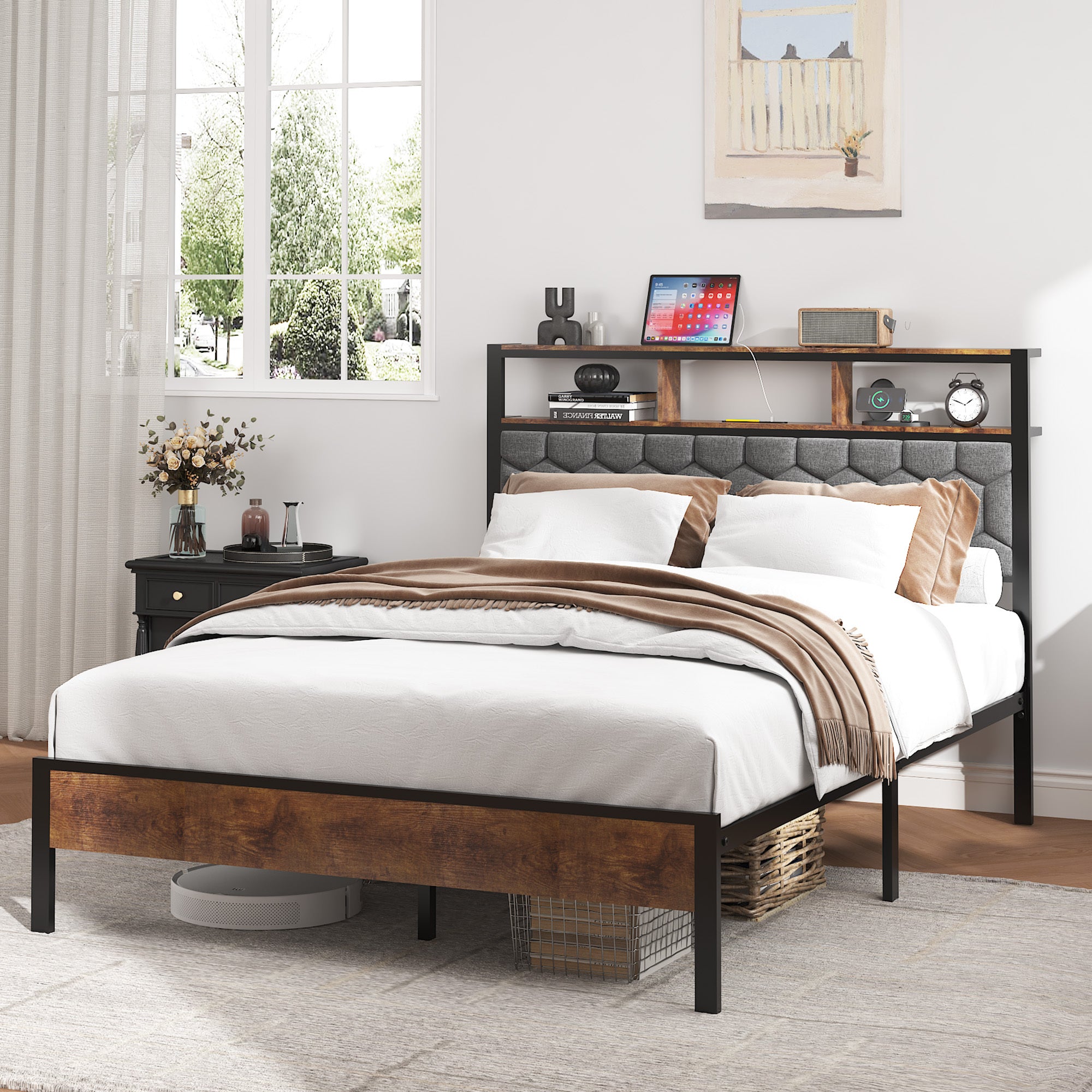 Full size bed frame, wooden platform bed frame, bedside with soft package and 2 USBs, no noise, no need for spring mattress and simple assembly tools, large bed bottom storage space, brown