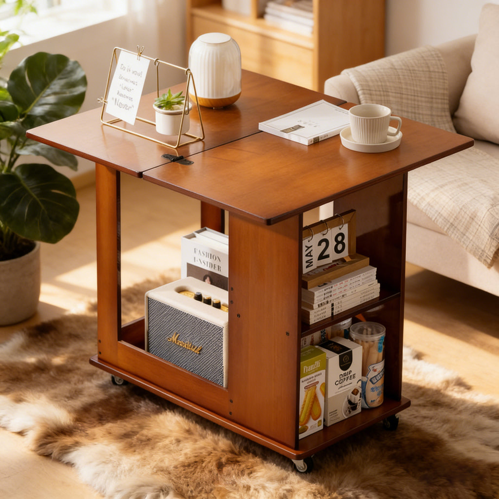 Bamboo folding edge table with movable storage, foldable tabletop suitable for beds and sofas, saving space, multiple storage spaces, natural texture